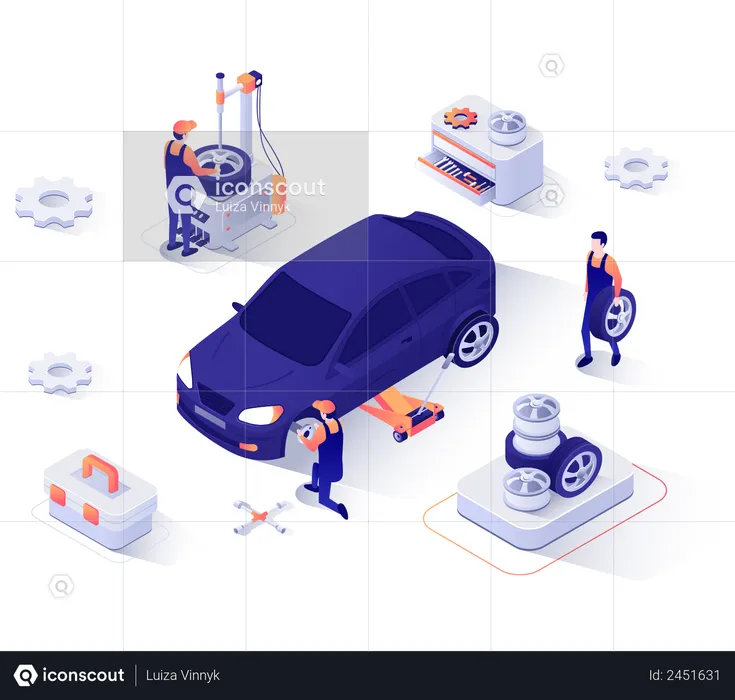 Mechanics changing wheels of car  Illustration