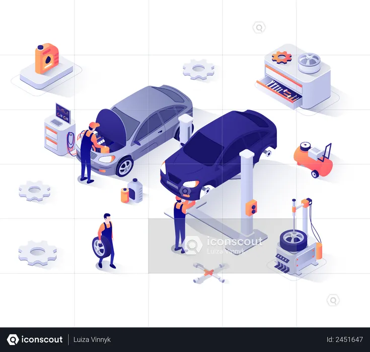 Mechaniker reparieren Auto in Servicestation  Illustration