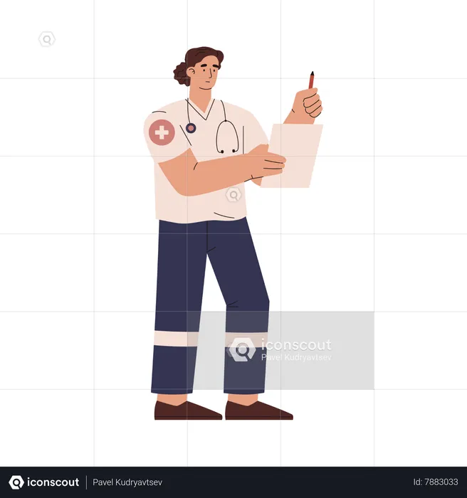 Médecin avec stéthoscope et feuille de notes  Illustration