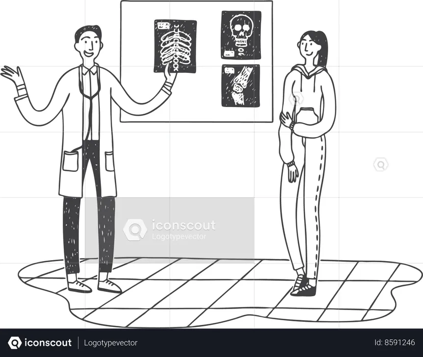 Docteur vérifie la radiographie de la femme  Illustration