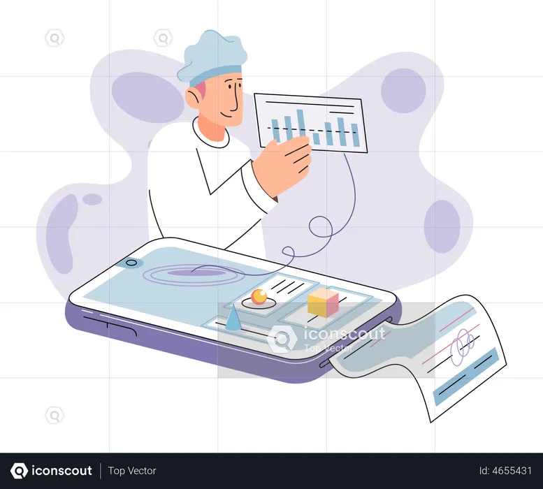 Médecin effectuant une analyse en ligne du rapport des patients  Illustration