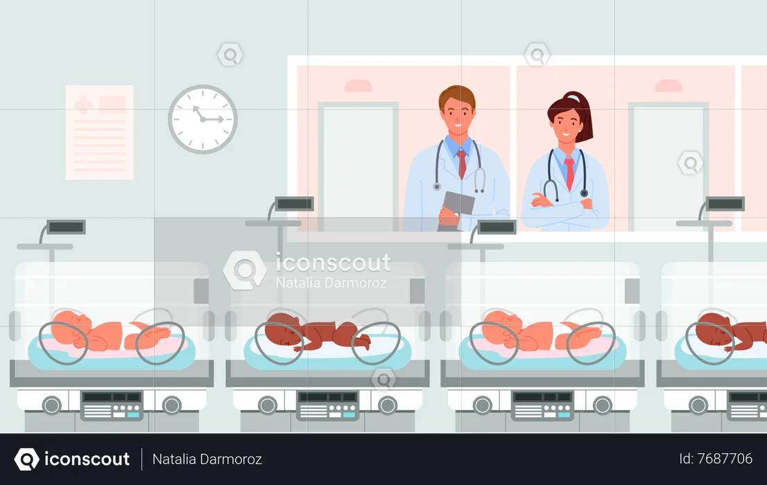 Médecin surveillant les nouveau-nés dans un dortoir  Illustration