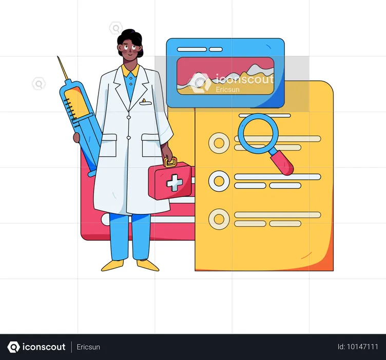 Médecin de sexe masculin portant un vaccin et une boîte de premiers secours  Illustration