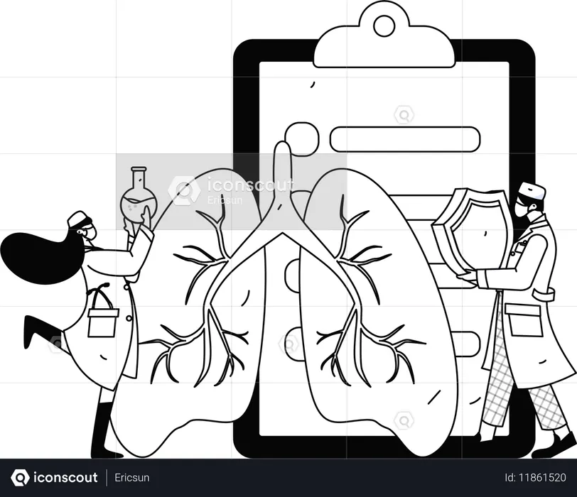 Le médecin prépare le rapport pulmonaire du patient  Illustration
