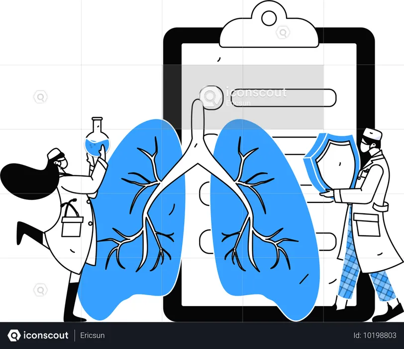 Le médecin prépare le rapport pulmonaire du patient  Illustration