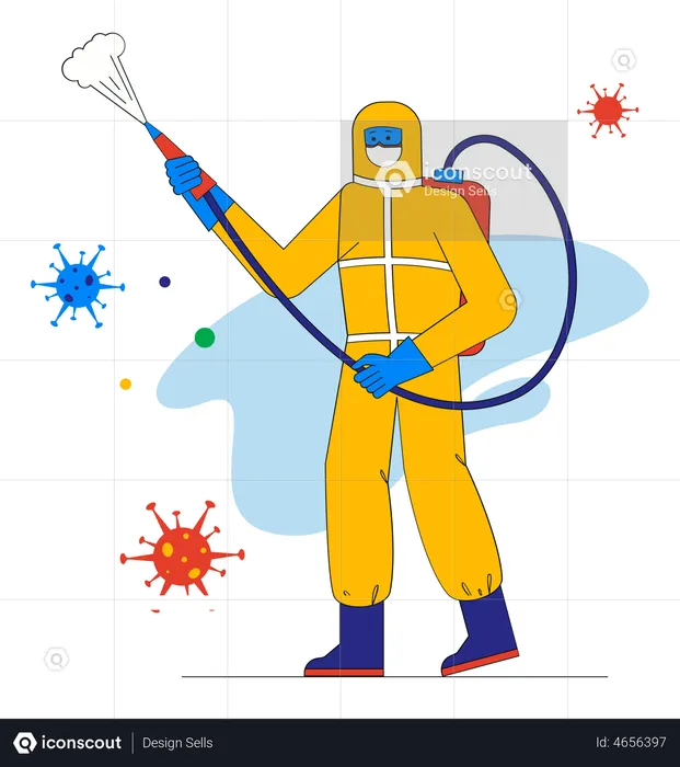 Medic in protective suit disinfects surfaces indoors  Illustration