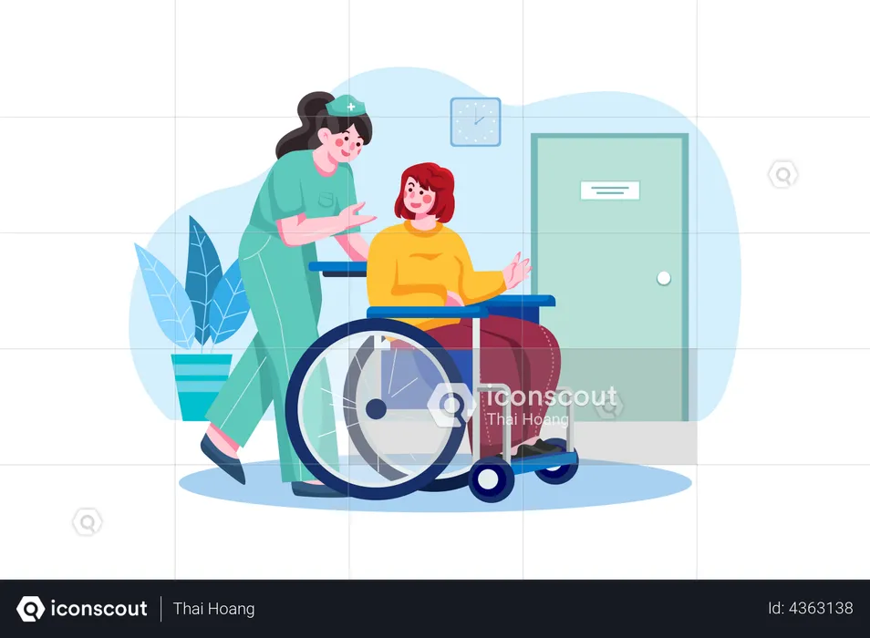 Medic Woman Helping lady in a wheelchair  Illustration