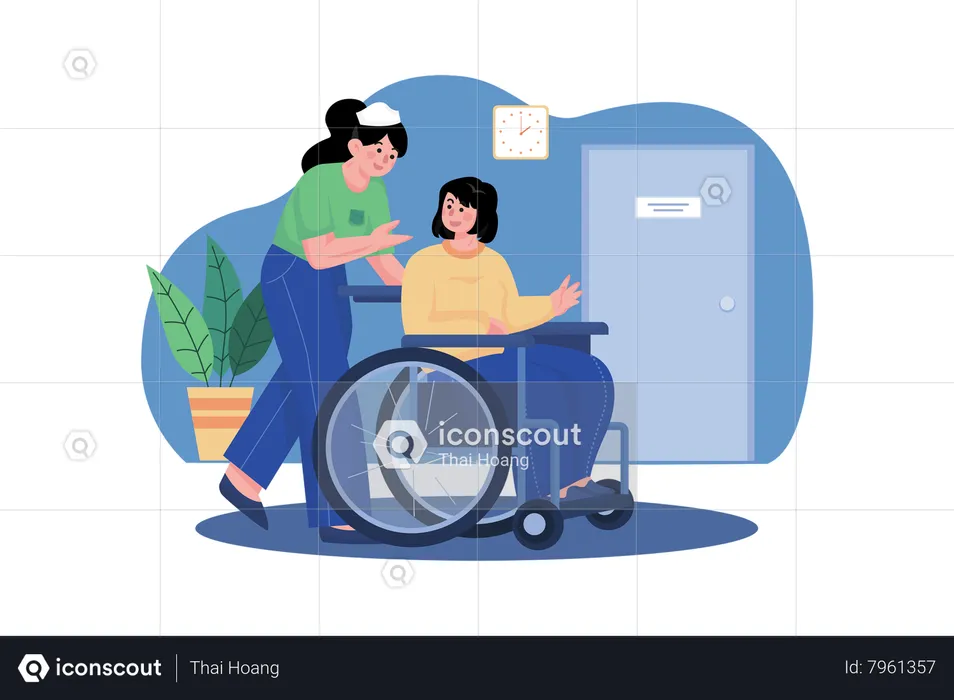 Medic Woman Helping Lady In A Wheelchair  Illustration