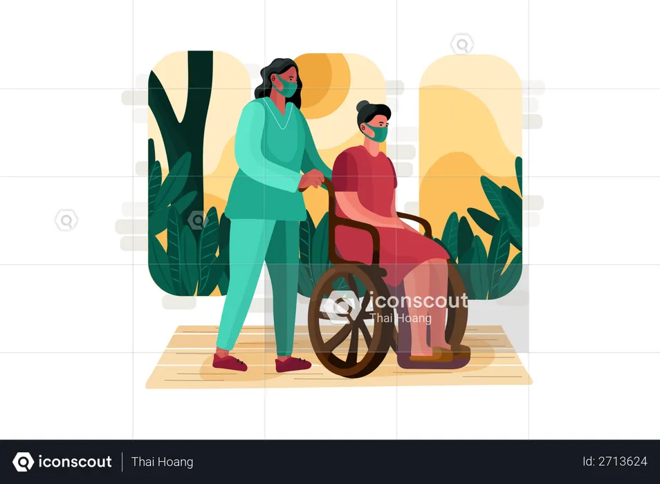 Medic Woman Helping lady on wheelchair  Illustration