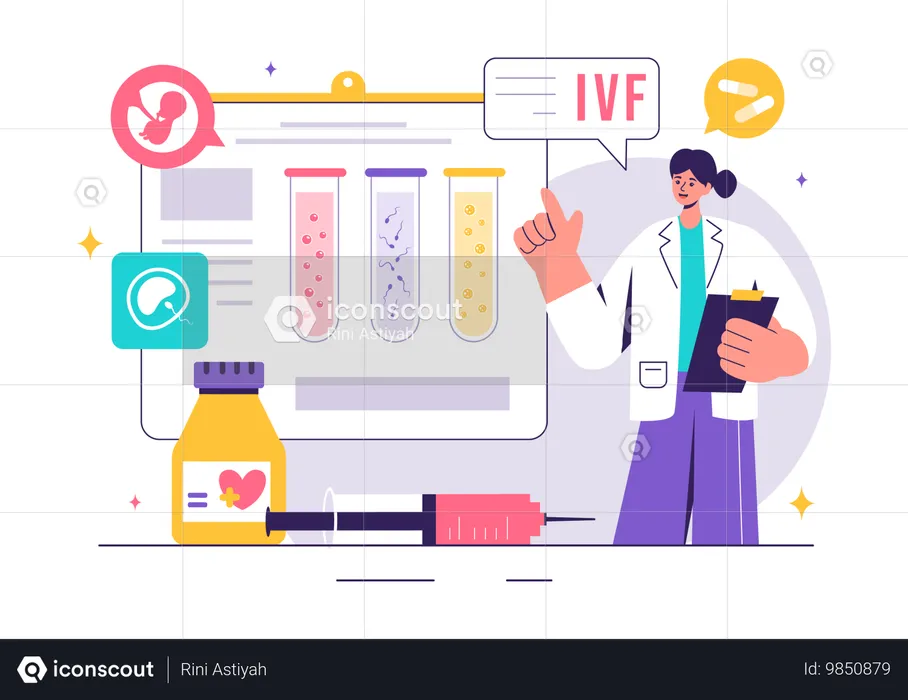 Médica fazendo trabalho sobre fertilização in vitro  Illustration