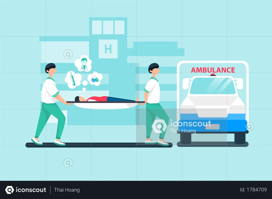 Medical assistant transferring patient into ambulance  Illustration