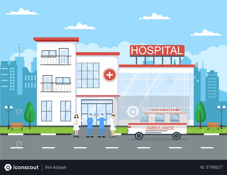 Medical center with emergency support staff  Illustration