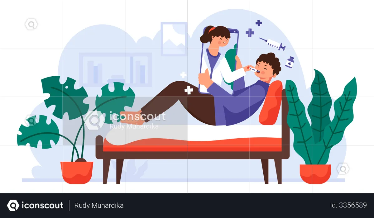 Medical Check And Health Consultation via videocall During Coronavirus Pandemic  Illustration