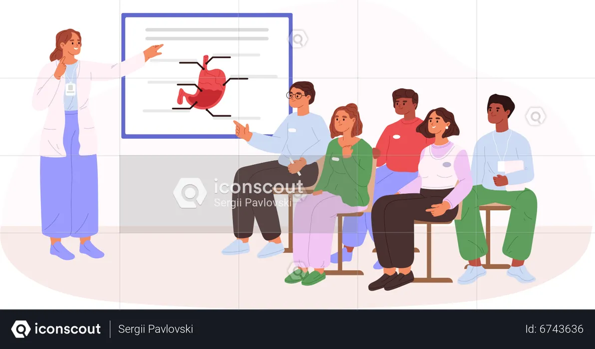 Medical college students listening to doctor lecture in classroom  Illustration