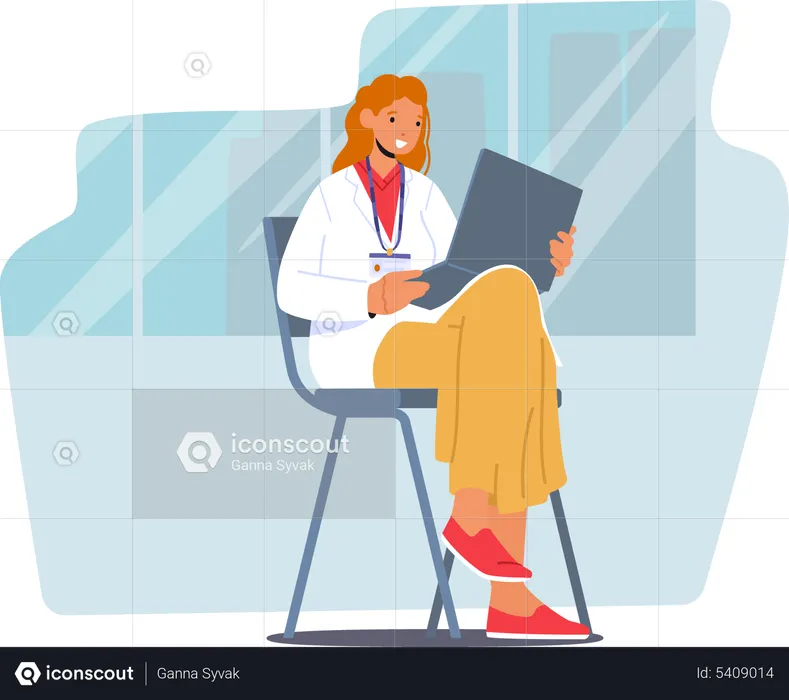 Medical Intern Female In Doctor Uniform with Badge Sitting on Chair with Folder in Hands  Illustration