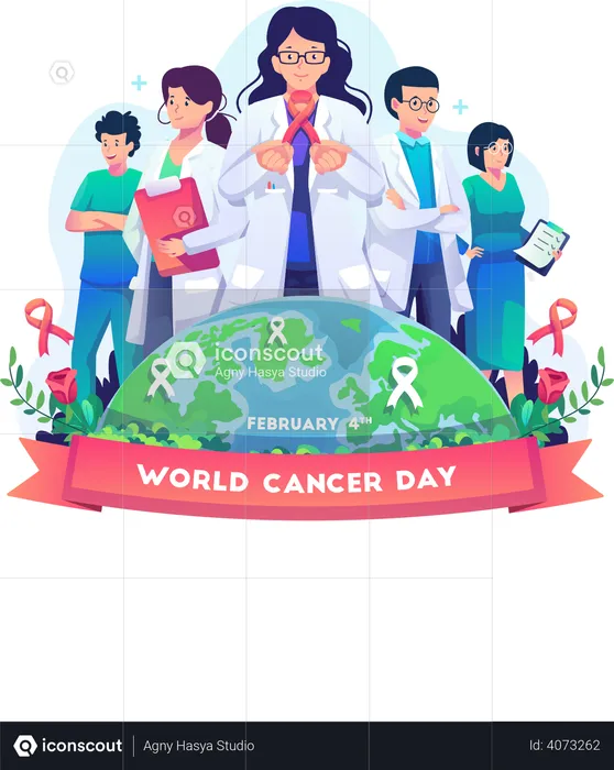Medical personnel celebrate world cancer day  Illustration