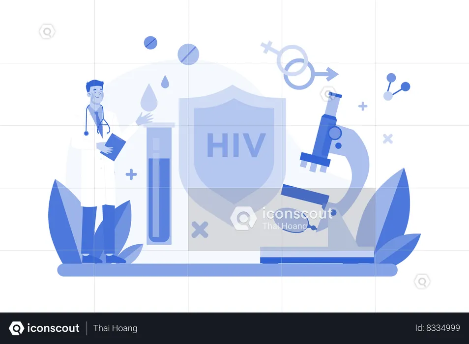 Medical Workers With HIV Test Tubes and Researching On Aids Blood  Illustration