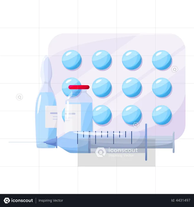 Medicamento de farmacia en botella y caja  Ilustración