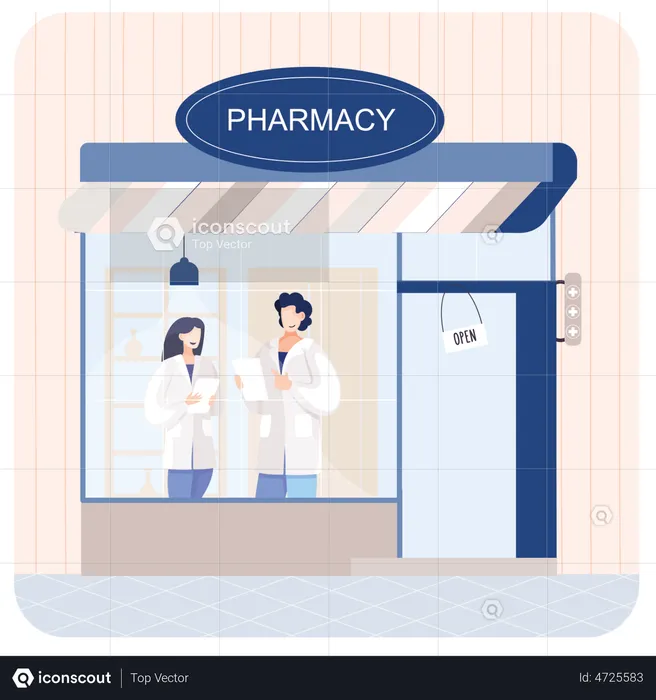 Male and female Pharmacist standing in Medicine Store  Illustration
