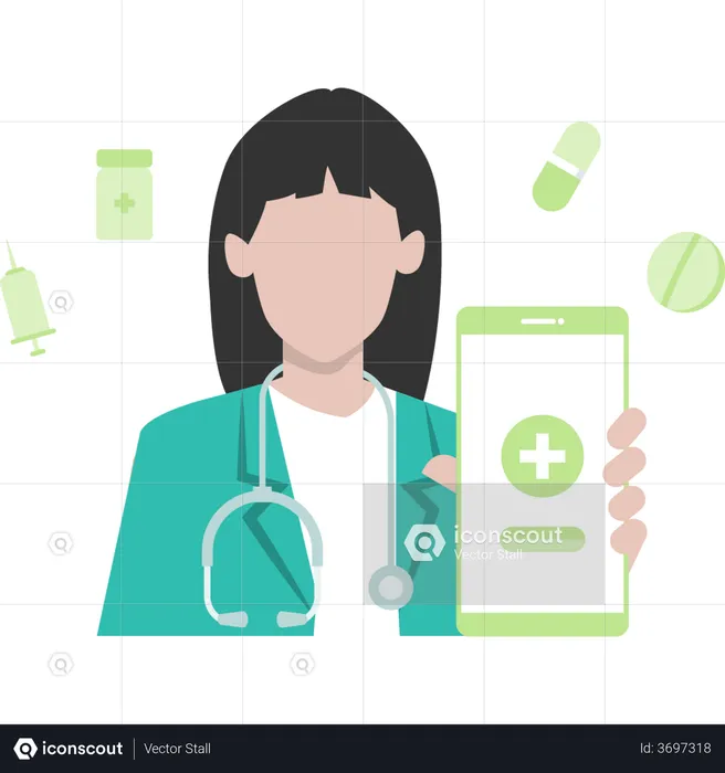 Médico aconselhando medicamentos no aplicativo on-line  Ilustração