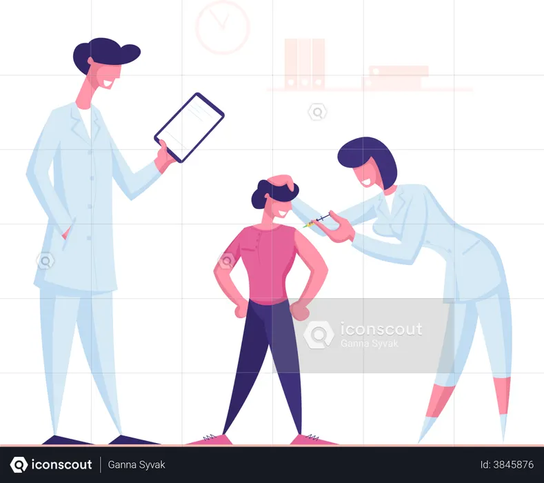 Médico atirando vacina com seringa no ombro do menino  Ilustração