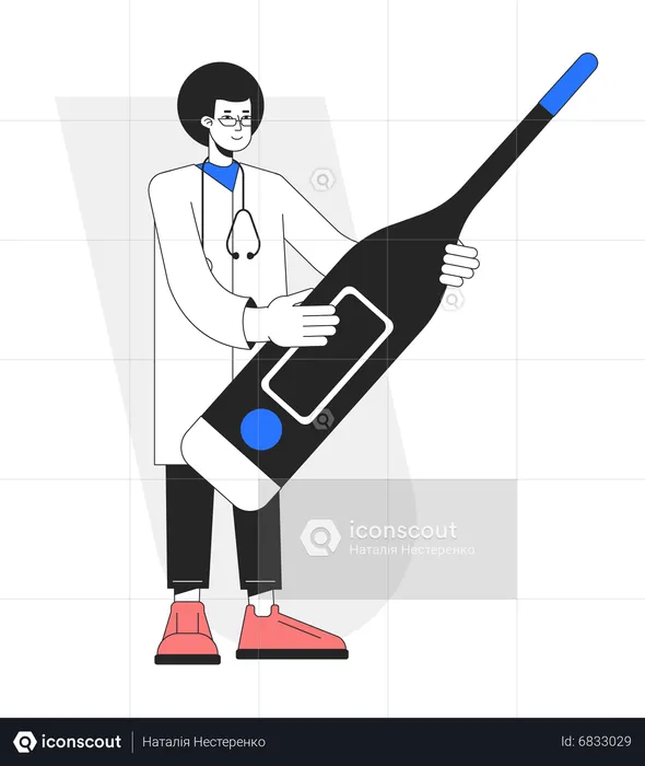 Médico com termômetro digital para febre  Ilustração