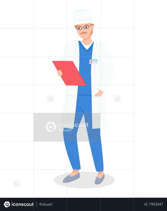 Doctor en bata blanca vestido uniforme con tarjeta personal de paciente  Ilustración