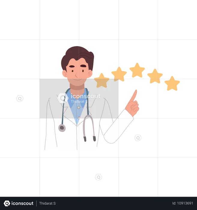 Médico apontando para 5 estrelas representando excelente serviço e satisfação do cliente  Ilustração