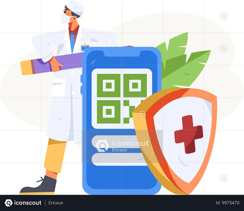 Médico em pé com pagamento de código qr de seguro on-line  Ilustração