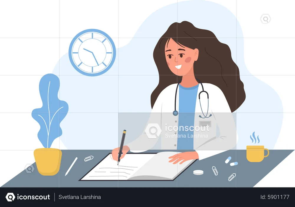 Médico escrevendo prescrição médica  Ilustração