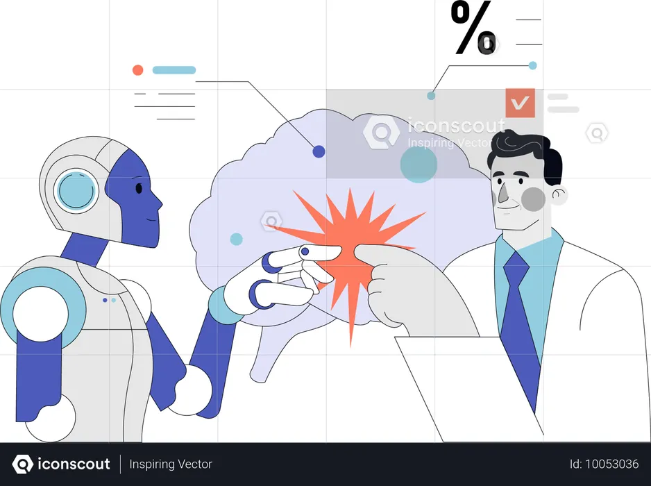 Médico fazendo neuroplasticidade em robô  Ilustração