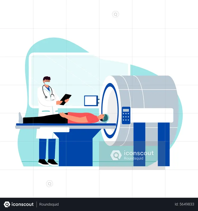 Médico verifica o relatório de tomografia computadorizada do paciente  Ilustração