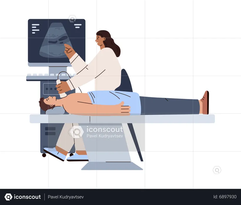 Médico fazendo ultrassom para paciente do sexo masculino  Ilustração