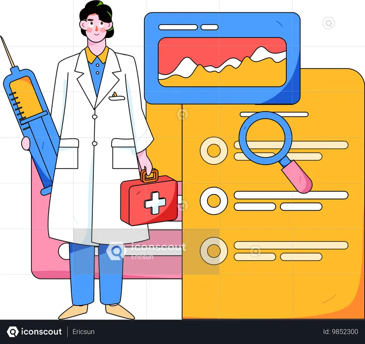 Médico masculino carregando vacina e caixa de primeiros socorros  Ilustração