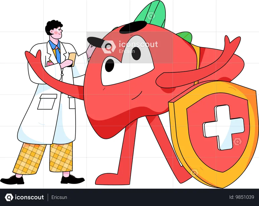 Médico varón con hígado sano  Ilustración