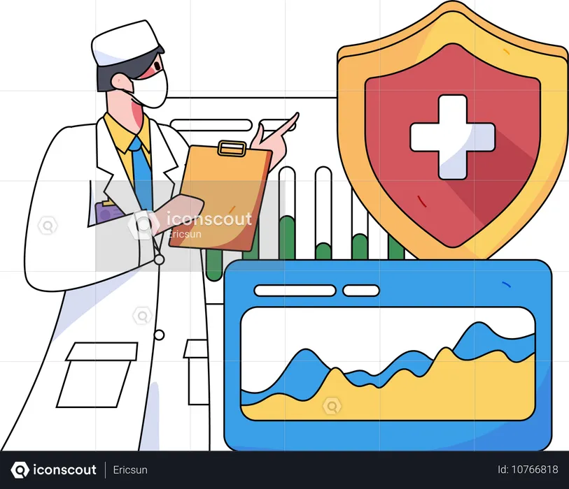 Médico mostrando relatório de análise médica com relatório de seguro  Ilustração