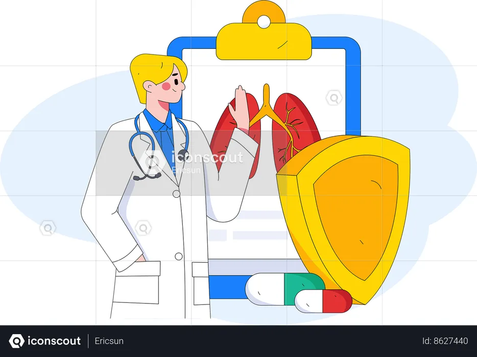 Médico masculino revisa el informe pulmonar y administra medicamentos  Ilustración