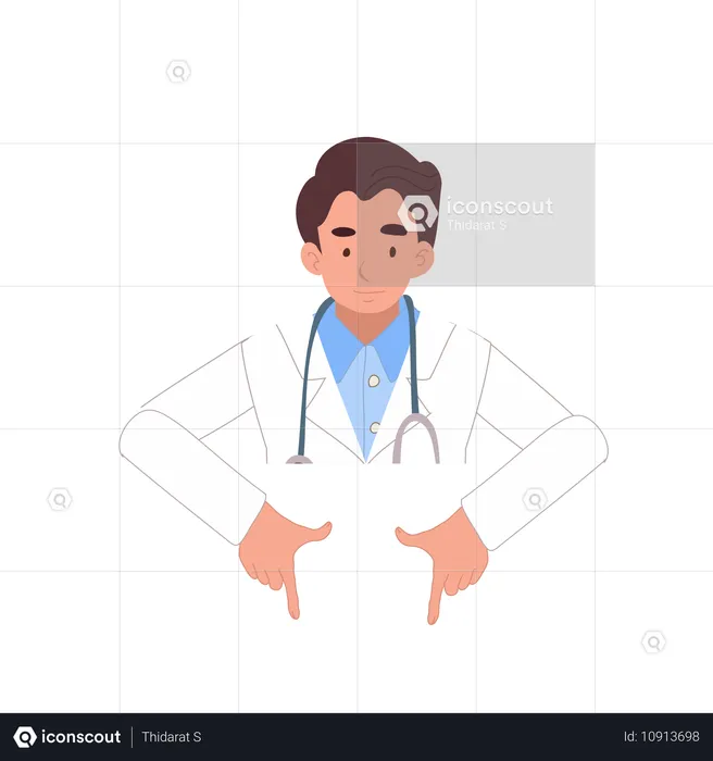 Médico masculino señalando en presentación médica  Ilustración