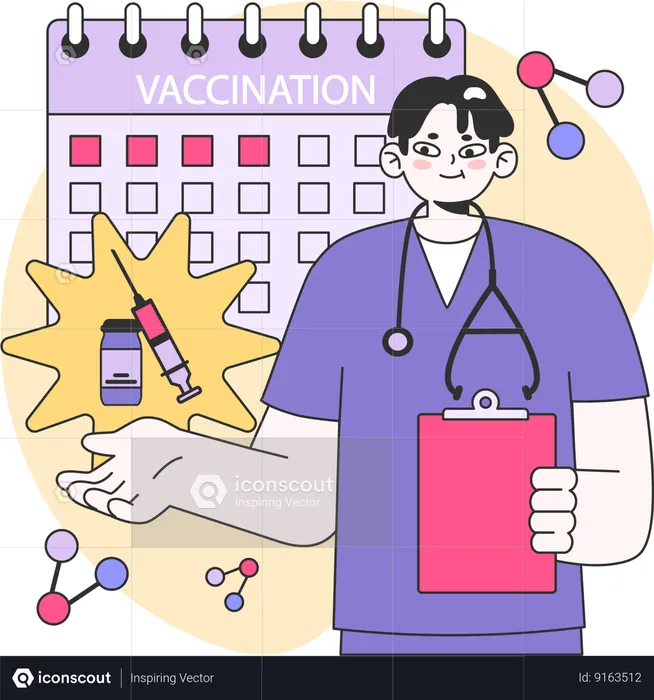 Médico mostrando calendário de vacinas  Ilustração