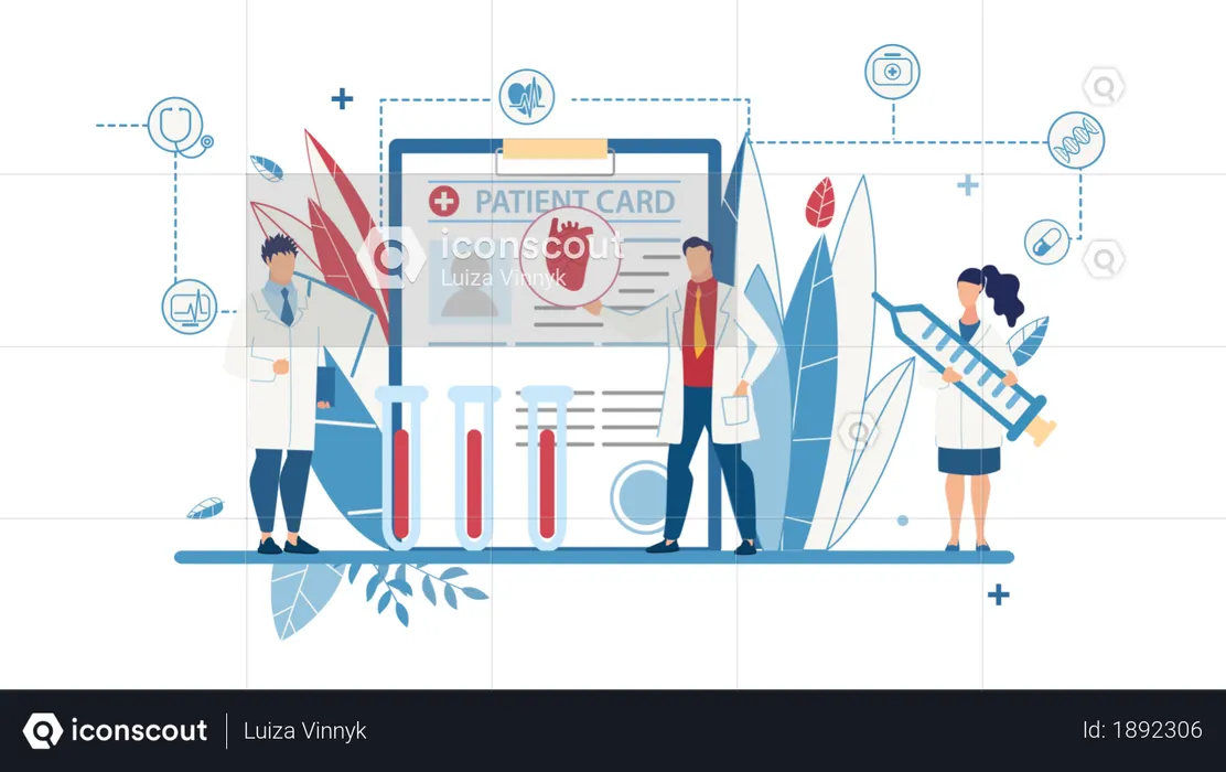 Médico mostrando relatório cardíaco do paciente aos assistentes médicos para melhor tratamento  Ilustração