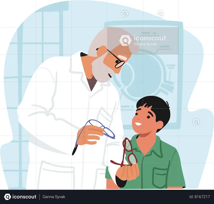 Médico senior oftalmólogo dando anteojos a niño pequeño  Ilustración