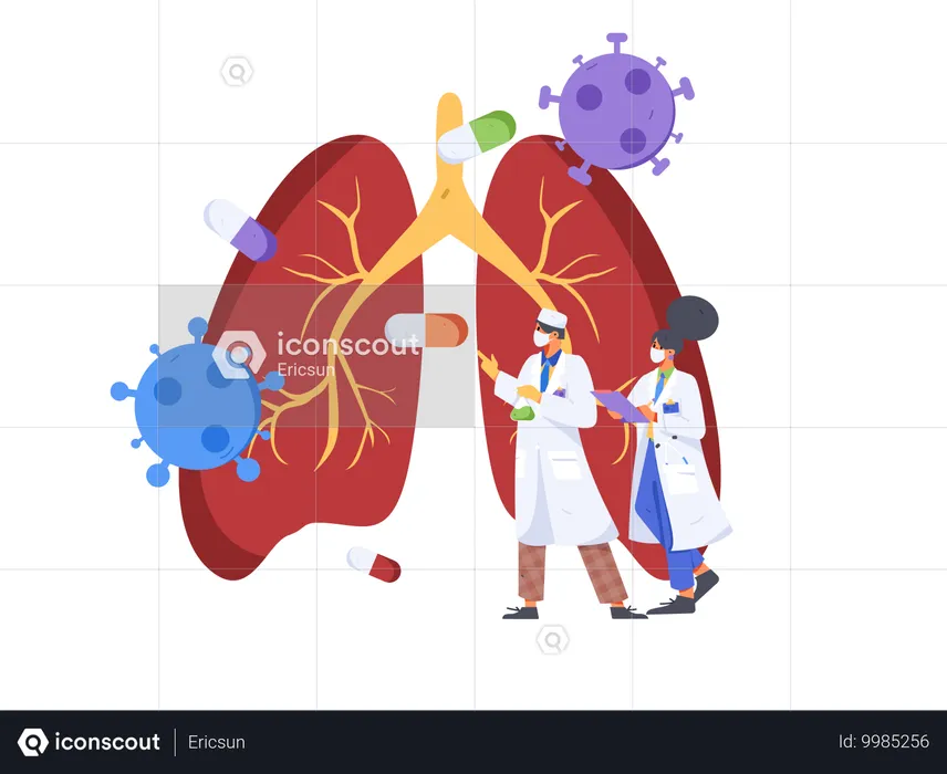 El médico revisa el informe pulmonar y administra medicamentos.  Ilustración