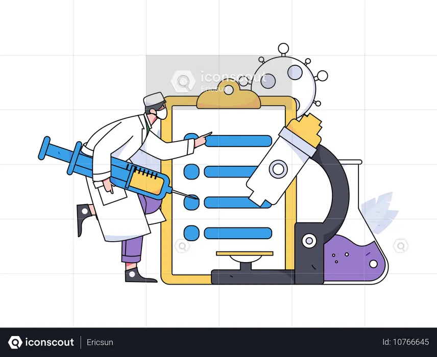 Médico segurando vacina enquanto faz pesquisa de vacina  Ilustração
