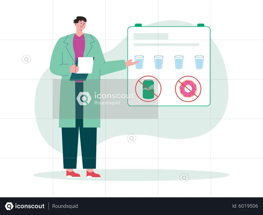 Médico sugerindo quantidade diária de ingestão de água  Ilustração