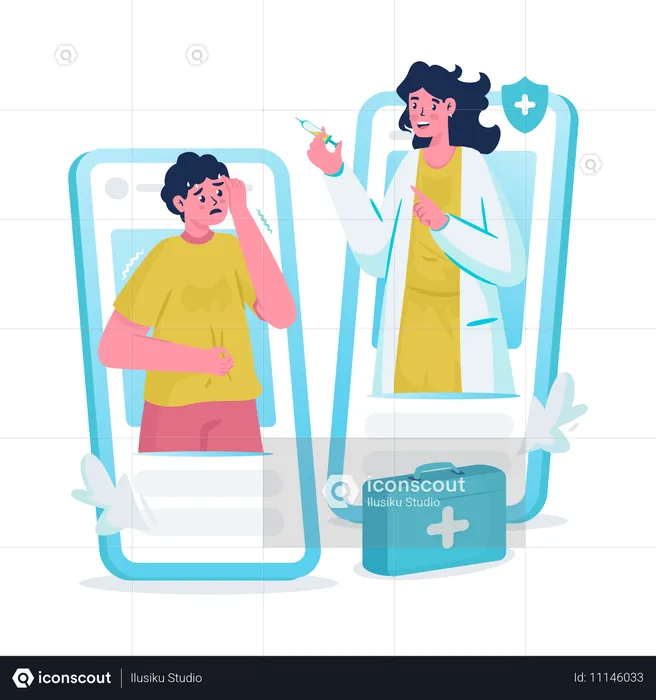 Médico sugiriendo medicamentos en línea  Ilustración