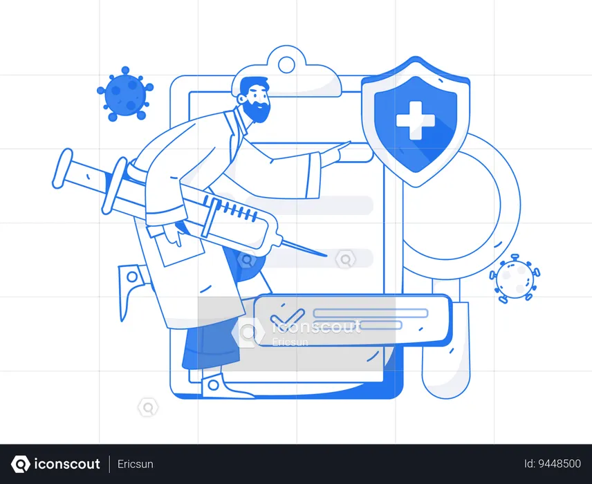 Médico carregando vacina com certificado de vacina  Ilustração