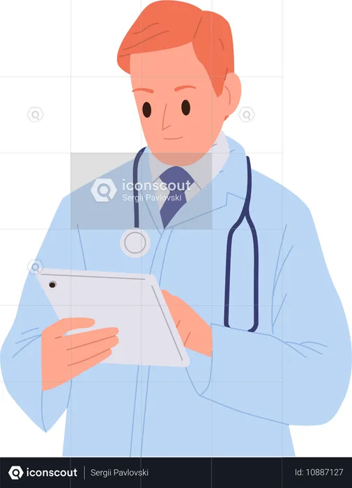 Médico usando tablet móvel verificando o perfil do paciente cartão médico  Ilustração