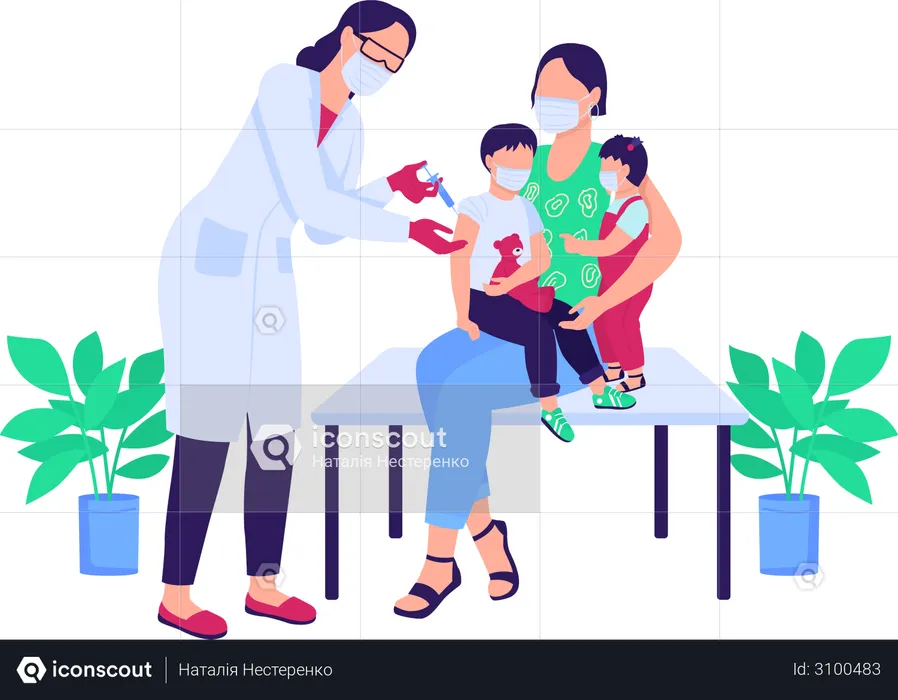 Doctor vacunando a niños  Ilustración