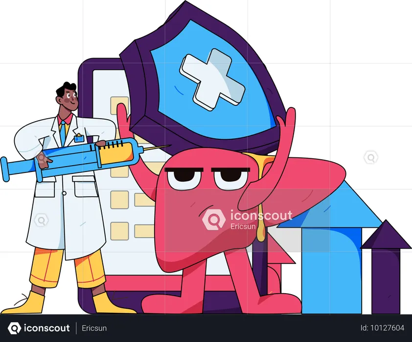 Médico varón examina hígado  Ilustración