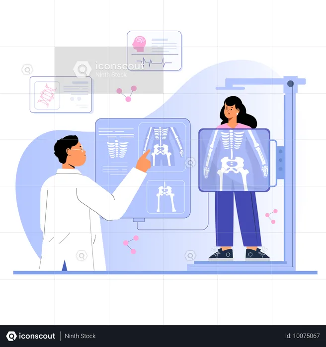 Médico verificando o relatório de raio-x do paciente  Ilustração